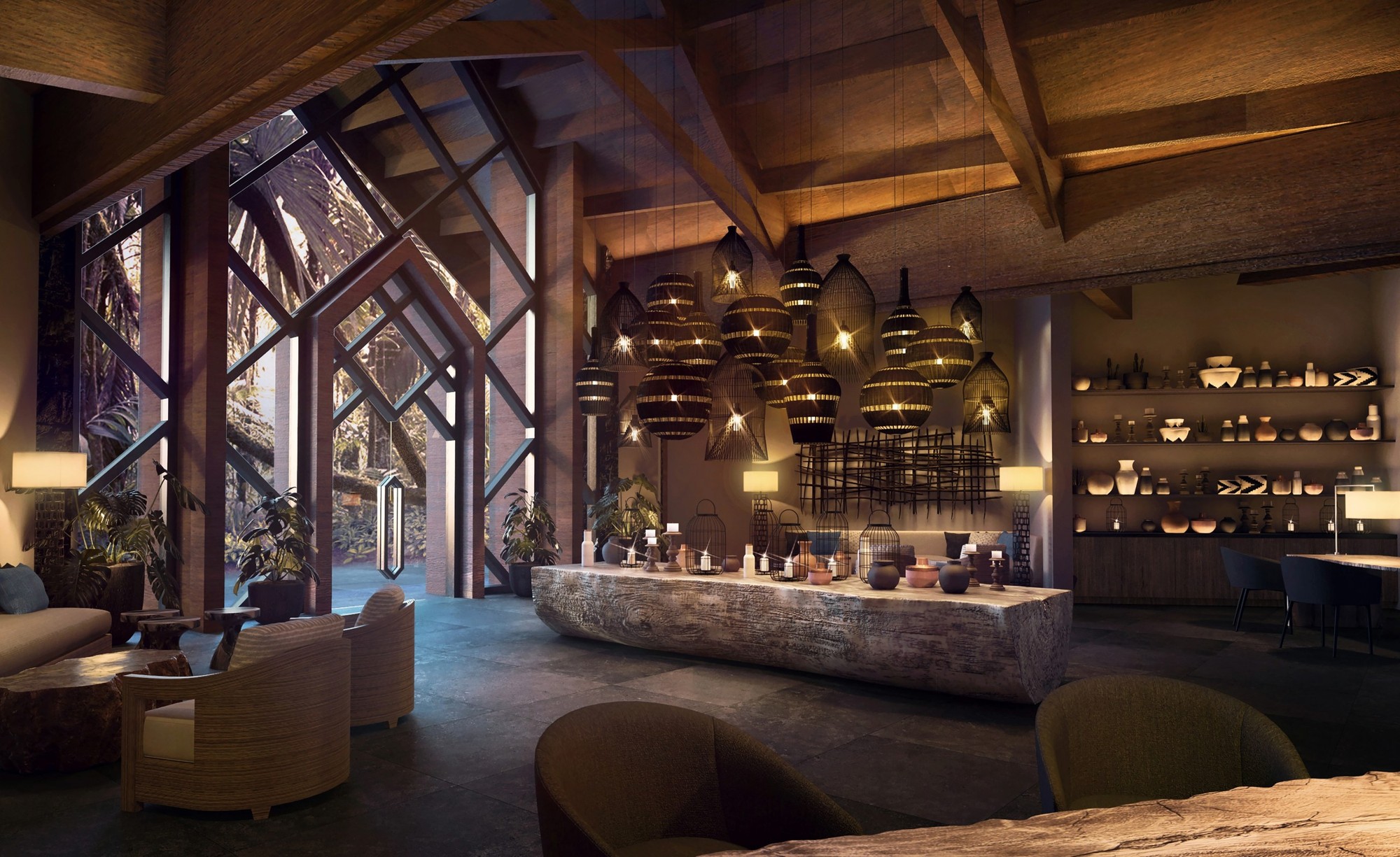 Render del Adult Lobby de Lopesan La Ceiba, con estructura de madera y luminarias suspendidas