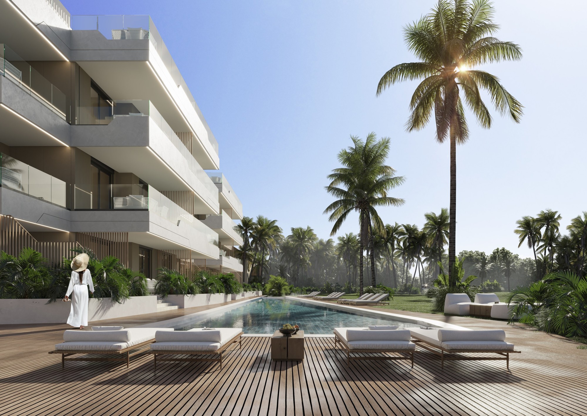 Render de la piscina y terrazas de Palmira Golf Residences